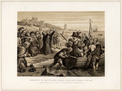 Partenza dei Padri Pellegrini da Delft Haven, luglio 1620, XIX secolo da T Bauer