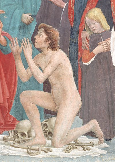 Dettaglio del bambino risorto, dalla Resurrezione del Figlio di Teofilo e San Pietro Intronizzato come Primo Vescovo di Antiochia, c.1427 e c.1484-85 (dettaglio) da Tommaso Masaccio
