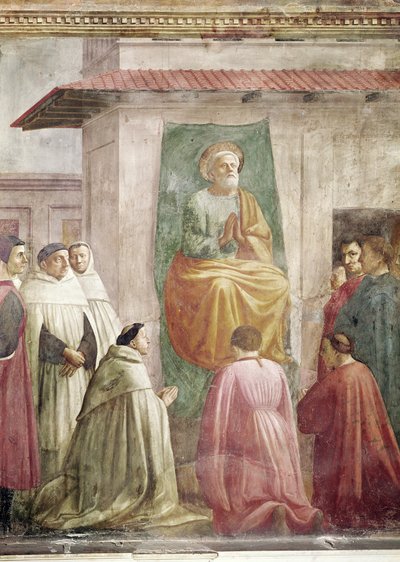 San Pietro sul trono, dal Risveglio del figlio di Teofilo e San Pietro intronizzato come primo vescovo di Antiochia, c.1427 e c.1484-85 (dettaglio) da Tommaso Masaccio