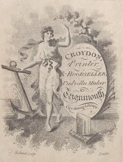 Biglietto da visita per Croydon, stampatore, libraio e fabbricante di ombrelli (XIX secolo) da T. Rickard