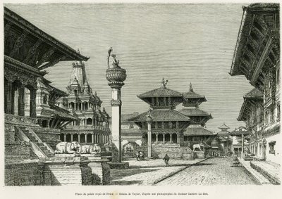 Piazza del Palazzo Reale di Patan (attuale Lalitpur). Incisione di Taylor per illustrare la storia Viaggio in Nepal, del Dr. Gustave Le Bon (1841-1931), in Le Tour du monde 1886, diretto da Edouard Charton (1807-1890), Hachette, Parigi. da T Taylor