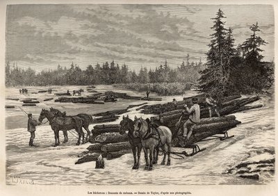 La discesa delle zattere in Ontario, i boscaioli scaricano i tronchi tagliati e li installano sul fiume ghiacciato, poi durante il disgelo, i tronchi saranno trasportati dalla corrente al luogo dove saranno scaricati e trasformati, incisione dopo un disegn da T Taylor