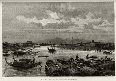 Veduta di Hue (Vietnam), con descrizione della navigazione sul fiume Song Huong e della pagoda Thien Mu, dietro le mura perimetrali (incisione) da T Taylor