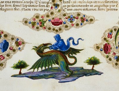 Fregio di bordo al piede della pagina con figura di genio e mostro alato, Volume II f 198, v, Bibbia di Borso d