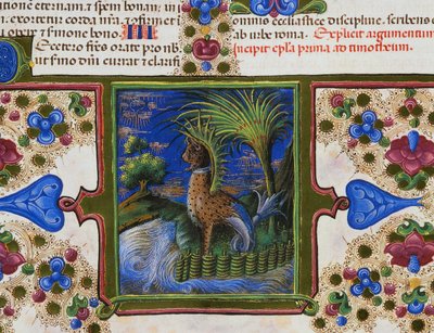 Fregio di bordo al piede della pagina con animale mostruoso nel paesaggio, Volume II, f 207, v, Bibbia di Borso d
