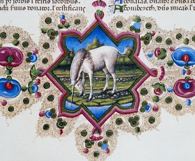 Fregio di bordo al piede della pagina con unicorno, Volume II f 245, v, Bibbia di Borso d