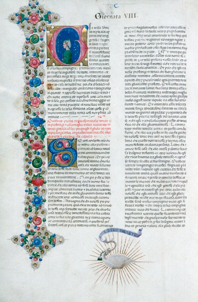 Pagina di manoscritto miniato dal Decameron, di Giovanni Boccaccio, italiano, c1467 da Taddeo Crivelli