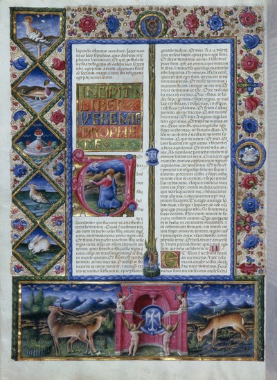 Incipit del libro di Geremia raffigurante il profeta in una letterina, dalla Bibbia di Borso d