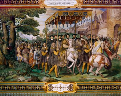 Francesco I accoglie Carlo V e il Cardinale Alessio Farnese a Parigi, di Taddeo Zuccari (1529-1566), Palazzo Farnese, Caprarola, Italia da Taddeo Zuccari