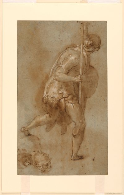 Soldato che corre: Studio per figura in primo piano a sinistra, "Il tradimento di Cristo," Roma, S. Maria della Consolazione, Cappella Mattei; Studi separati di due teste da Taddeo Zuccaro
