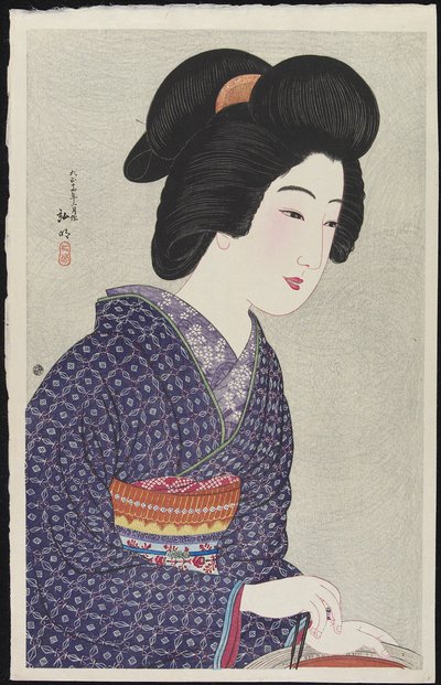 Donna seduta accanto a un braciere, febbraio 1925 da Takahashi Hiroaki
