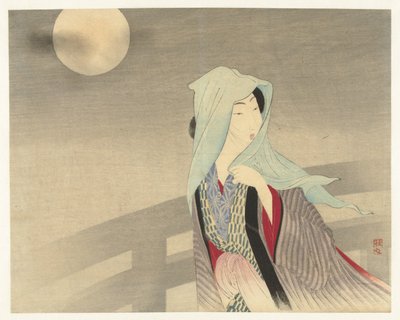 Donna velata su un ponte al chiaro di luna da Takeuchi Keishū