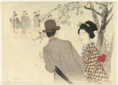 Uomo con bombetta e ombrello e signora in kimono da Takeuchi Keishū