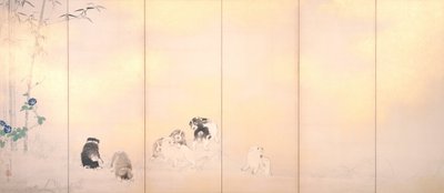 Schermo di glicine e gloria mattutina con cani da Takeuchi Seiho