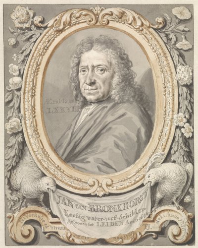 Ritratto di Johannes (Jan) van Bronkhorst in una cornice con fiori e due uccelli da Tako Hajo Jelgersma