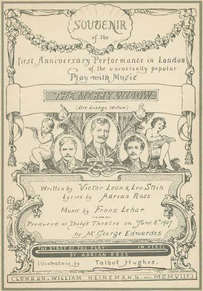Pagina del titolo del Souvenir del primo anniversario della rappresentazione a Londra di La Vedova Allegra da Talbot Hughes