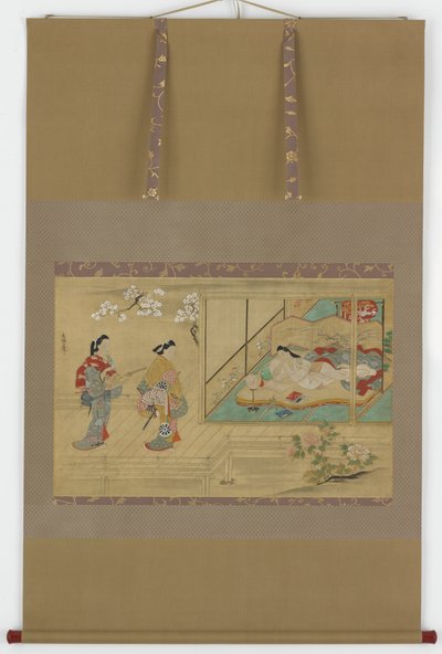 Bellezza Distesa mentre i Visitatori si Avvicinano, Periodo Edo da Tamura Suio