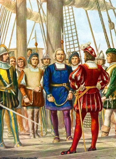 Cristoforo Colombo e i suoi fratelli Bartolomeo e Diego sono fatti prigionieri su una nave che li porterà in Spagna da Tancredi Scarpelli