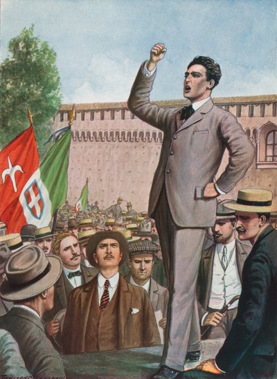 Filippo Corridoni parla alla folla a Milano chiedendo l