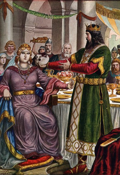 Il re longobardo Alboino (circa 526-572) costringe sua moglie, la principessa gepida Rosmunda (morta nel 572), a bere da una coppa formata dal teschio di suo padre Cunimondo durante un banchetto a Verona, Italia da Tancredi Scarpelli