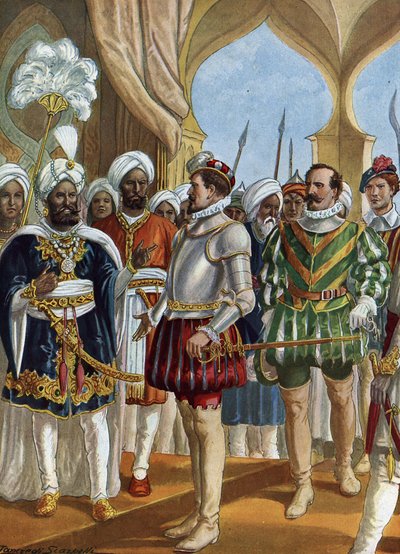 Navigatore portoghese Pedro Alvares Cabral (1460-1526) alla corte del re (Zamorin) di Calicut (Kozhikode) il 13/09/1500 per negoziare l