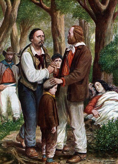 Risorgimento: Giuseppe Garibaldi patriota italiano (1807-1882) congeda Angelo Brunetti detto Ciceruacchio alla morte di Anita, agosto 1849 da Tancredi Scarpelli