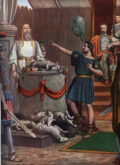 Antichità romana: terza guerra sannitica, cerimonia e sacrificio in onore delle divinità prima della battaglia di Aquilonia nel 293 a.C., illustrazione di Tancredi Scarpelli da Tancredi Scarpelli