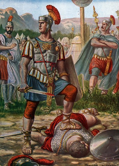 Antichità romana: il console Tito Manlio Imperioso Torquato sconfigge un gallico nel 361 a.C., illustrazione di Tancredi Scarpelli da Tancredi Scarpelli