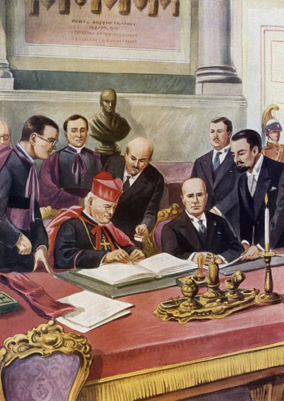 Firma dei Patti Lateranensi tra il governo italiano (fascista) e la Santa Sede che garantisce la sovranità del Papa in Vaticano e formalizza la religione cattolica in Italia: Cardinale Pietro da Tancredi Scarpelli