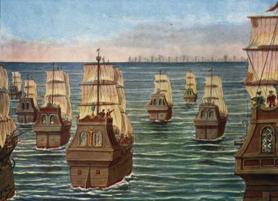 La battaglia di Cannanor ebbe luogo nel marzo 1506 al largo del porto di Cannanore in India, tra la flotta indiana del Samorin di Calicut e una flotta portoghese sotto Lourenco de Almeida, figlio del viceré Almeida) Illustrazione di Tancredi Scarpelli in da Tancredi Scarpelli