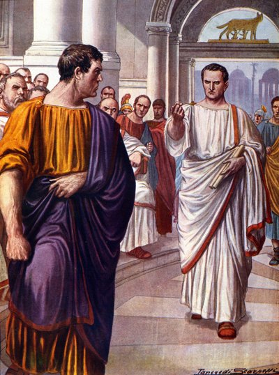 Lo statista romano Cicerone (Marco Tullio Cicerone) (106-43 a.C.) incontra il cospiratore Catilina (Lucio Sergio Catilina) (108-62 a.C.), che denuncia nel 63 a.C. durante i discorsi delle Catilinarie. Illustrazione di Tancredi Scarpelli (1866-1937) da Tancredi Scarpelli