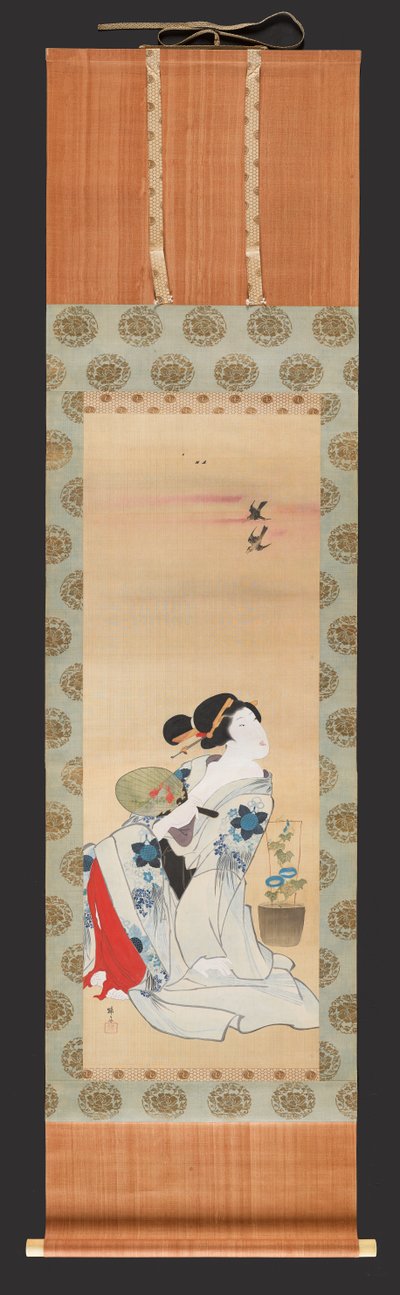 Bellezza con un ventaglio seduta accanto a un vaso di gloria mattutina, c.1830-44 da Teisai Hokuba