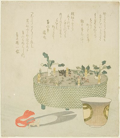 Le sette erbe (Nanakusa), con forbici e tazza da tè da Teisai Hokuba