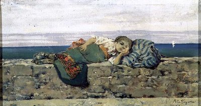 Contadina sdraiata su un parapetto da Telemaco Signorini