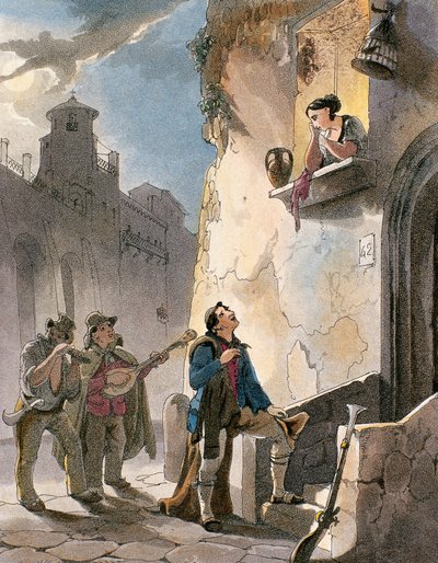 Serenata, illustrazione da Costumi e scene popolari di Napoli di Achille Vianelli da Teodoro Guglielmo Witting
