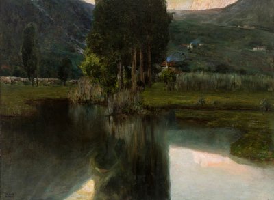Lago con cipressi e case da Teodoro Wolf Ferrari