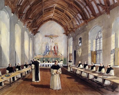 Disegno di ricostruzione del refettorio del monastero cistercense di Cleeve Abbey da Terry Ball