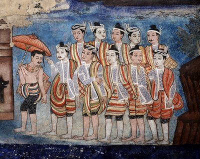 Un gruppo di uomini Thai yai (Shan), dettaglio dei murali del Viharn laikam che ritraggono i Racconti di Sang Thong (murale) da Thai School