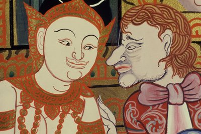 Dipinto contemporaneo in stile classico che mostra persone tailandesi e occidentali da Thai School
