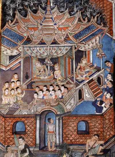 (dettaglio) dei murali del Viharn laikam che ritraggono i Racconti di Sang Thong (murale) da Thai School