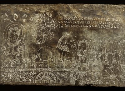 Pannello di pietra inciso che raffigura il racconto Bhojajania Jataka, da Wat Si Chum, Sukhothai, XIV-XV secolo da Thai School