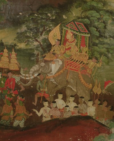 Re Sanjaya su un elefante, Wat Suwannaram, Dhonburi, 1831 da Thai School
