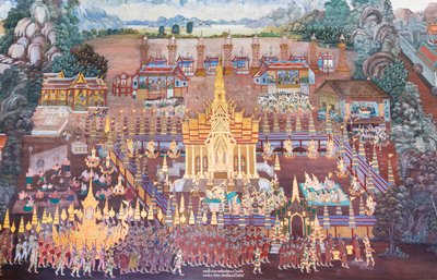 Murale che raffigura scene del Ramayana al Wat Phra Kaeo, il Palazzo Reale, Bangkok, Thailandia da Thai School