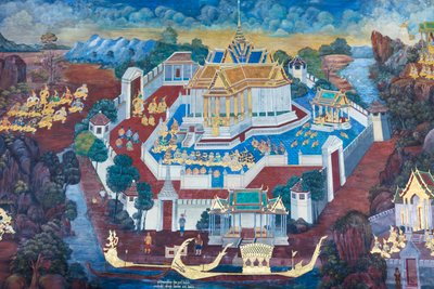 Murale che raffigura scene del Ramayana al Wat Phra Kaeo, il Palazzo Reale, Bangkok, Thailandia da Thai School