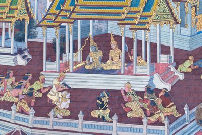 Murale che raffigura scene del Ramayana al Wat Phra Kaeo, il Palazzo Reale, Bangkok, Thailandia da Thai School