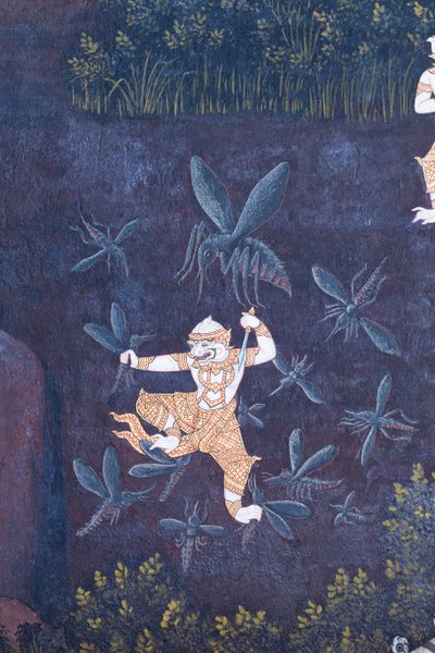 Murale che raffigura scene del Ramayana al Wat Phra Kaeo, il Palazzo Reale, Bangkok, Thailandia da Thai School