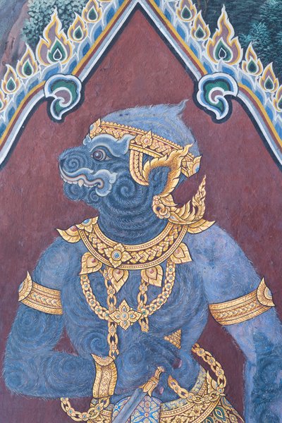 Murale che raffigura scene del Ramayana al Wat Phra Kaeo, il Palazzo Reale, Bangkok, Thailandia da Thai School