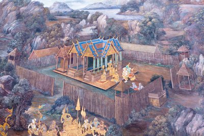 Affresco che raffigura scene del Ramayana al Wat Phra Kaeo, il Palazzo Reale, Bangkok, Thailandia da Thai School
