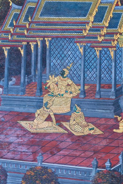 Affresco che raffigura scene del Ramayana al Wat Phra Kaeo, il Palazzo Reale, Bangkok, Thailandia da Thai School
