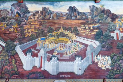 Murale che raffigura scene del Ramayana al Wat Phra Kaeo, il Palazzo Reale, Bangkok, Thailandia da Thai School